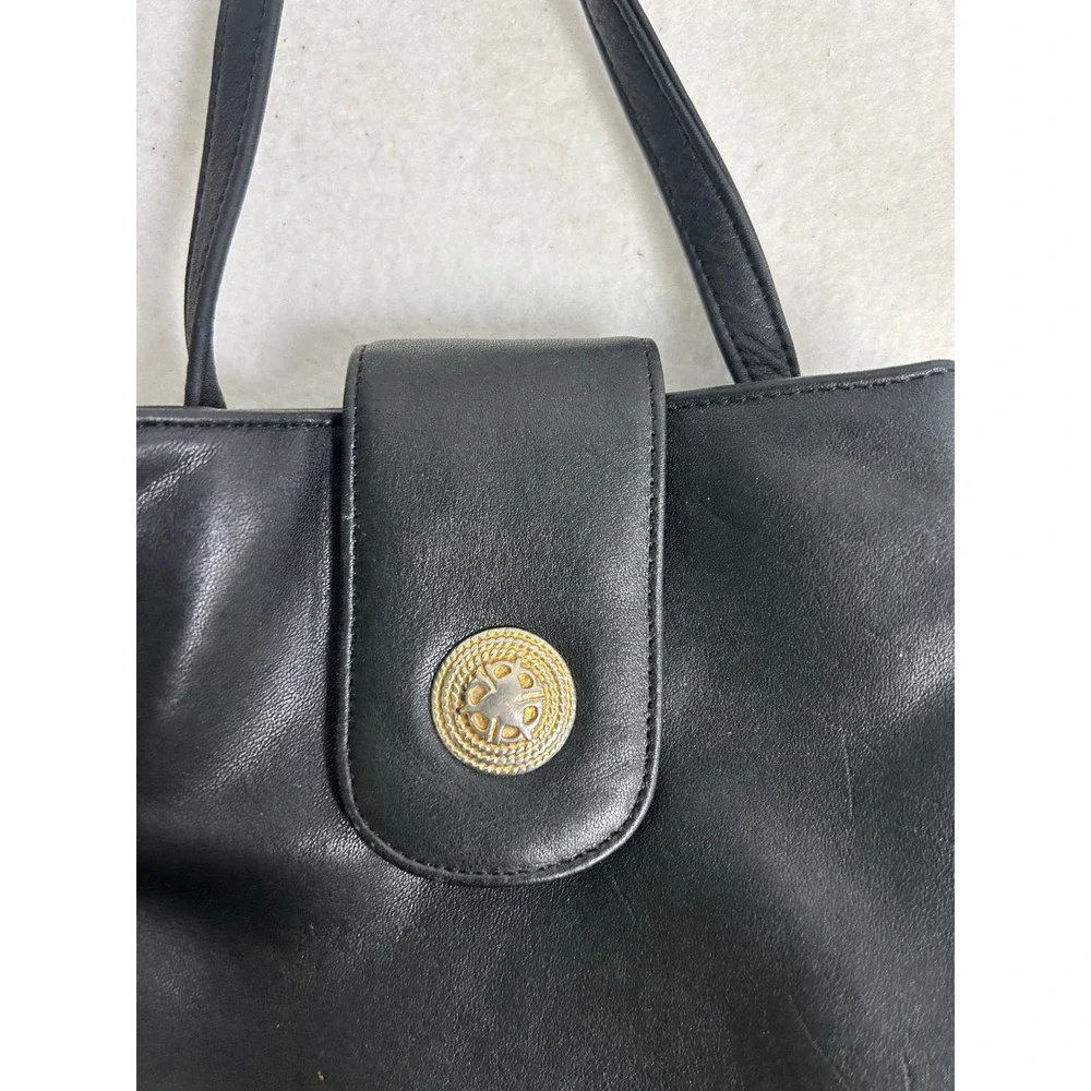 Vintage 90s Vanessa Women Sm Black Leather Crossbody‎ Bag Gold Crest Flap Purse